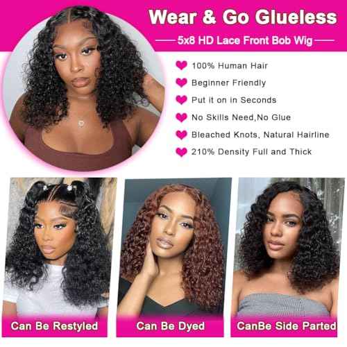 5x8 Bob Wig Human Hair Glueless Wigs Human Hair Pre Plucked Pre Cut Deep Wave HD Lace Closure Wigs Human Hair 210% Density Wear And Go Glueless Wig (16inch)