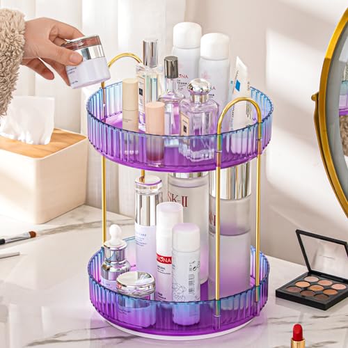 shuang qing Lazy Susan Rotating Makeup Organizer for Vanity, High-Capacity Skincare Clear Make Up Storage Perfume Organizers Cosmetic Dresser Organizer Countertop 360 Spinning（1 Tier-Green）