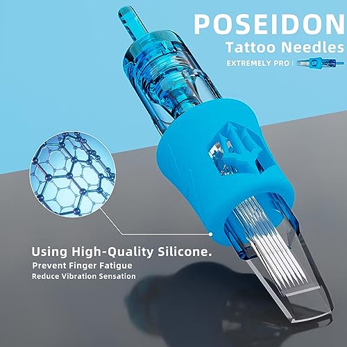 POSEIDON Professional Tattoo Cartridges Needles 50-Pack, Assorted Sizes #10 Round Liner Shader Curved Magnum, 3RL/5RL/7RL/9RL/11RL/3RS/9RM/15RM/9M1/15M1, Disposable Needles with Membrane,Universal Fit
