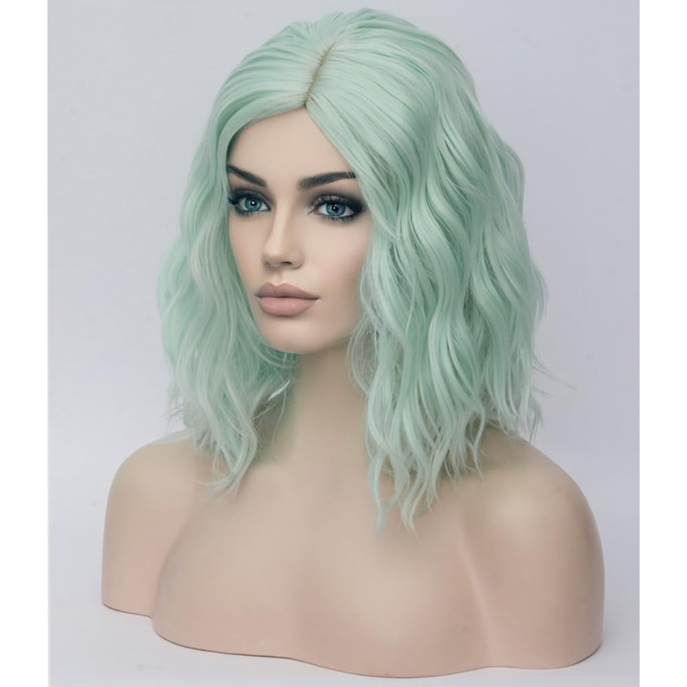 BERON 14" Green Wigs for Women Short Curly Bob Wavy Wig Girls Mint Green Colored Body Wave Heat Resistant Synthetic Cosplay Party or Daily Wigs