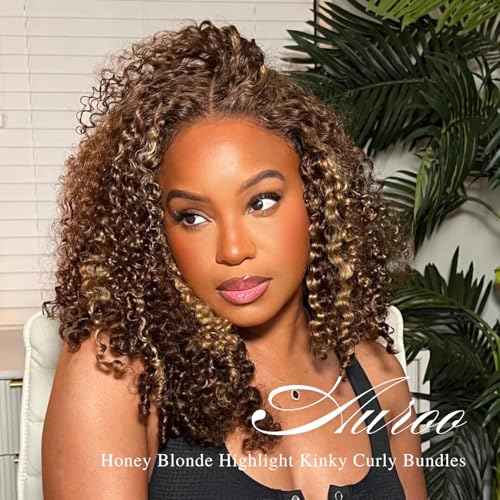Thick Tracks Honey Blonde Highlight Tight Kinky Curly Human Hair 3 Bundles, 100% 12A Virgin Remy Brazilian Curly Bundles Human Hair #P4/27 Ombre Brown Colored Brazilian Weaves Sew In 14 16 18 In
