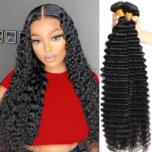 Human Hair Bundles Deep Wave 4 Bundles (16 18 20 22 inches) 12A Grade Brazilian Virgin 100% Unprocessed Human Hair Deep Wavy Bundles Natural Black Wet Hair Extensions