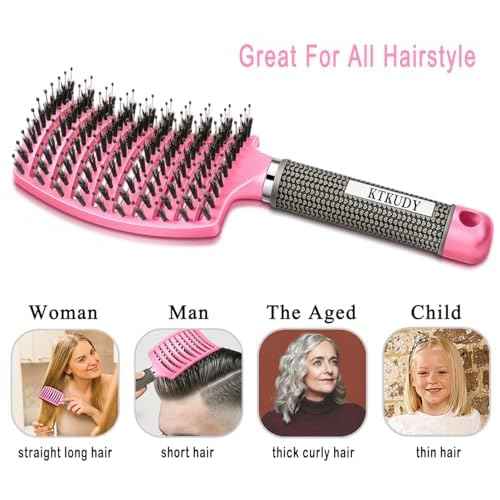 KTKUDY Detangling Brush Boar Bristles Hairbrush Make Hair Shiny & Healthier Curved and Vented Detangler Brush for Women Men Kids Wet & Dry Hair (Pink)