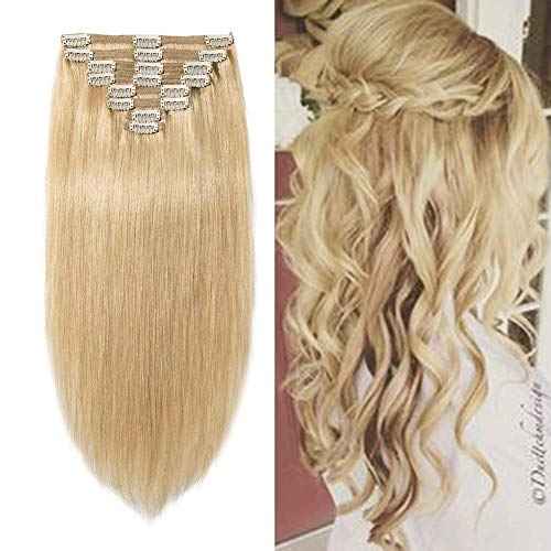 MY-LADY Double Weft Clip in Extensions 100% Remy Human Hair Grade 7A Quality Full Head Thick Long Straight 8pcs 18clips 22 inch 160g,#24 Natural Blonde