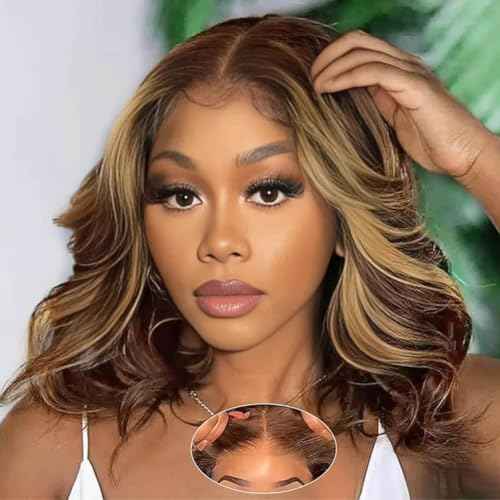 ISEE Wear Go Glueless Wigs Human Hair Pre Plucked Pre Cut Short Bob Body Wave Lace Front Wigs Human Hair for Women Upgraded Glueless Bob Wig 7x5 HD Lace Closure Wigs (Highlight Ombre, 14 Inch)