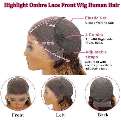 Honey Blonde Highlight Ombre Lace Front Wig Human Hair 200 Density 13x6 Water Wave Lace Front Wigs Human Hair Pre Plucked Wet And Wavy Curly Lace Frontal Wig for Women 4/27 Colored 24 Inch