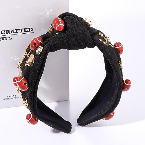 Football Headband for Women Football Mom Accessories Rhinestone Crystal Football Charm Top Knot Hairband Black White Red Purple Blue Gameday Sports Wide Twist Football Hair Band Headpiece Accessories