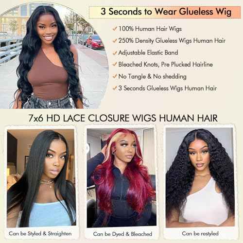 250% Density Glueless Wigs Human Hair Pre Plucked Pre Cut 7x6 HD Lace Closure Wigs Human Hair Body Wave Lace Front Wigs Human Hair for Women Drawstring Glueless Wigs for Beginners 20 inch