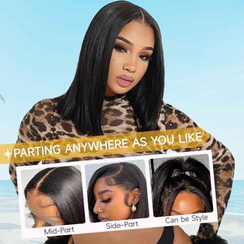 Bob Wig Human Hair 200 Density 13x4 HD Lace Front Wigs Human Hair Pre Plucked Short Bob Straight Frontal Wigs Human Hair for Women Natural Black 14"