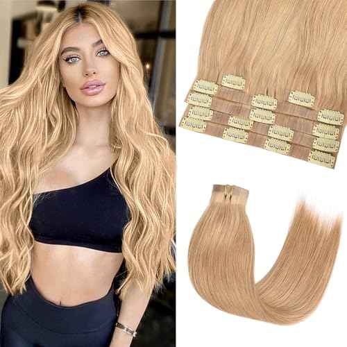 Seamless Clip in Hair Extensions 6pcs 120g, PU Real Human Hair Extensions Clip Ins Straight Dirty Blonde Hair for Women 24Inch, PU Clip-18# Dirty Blonde Straight, 6.0 Ounce