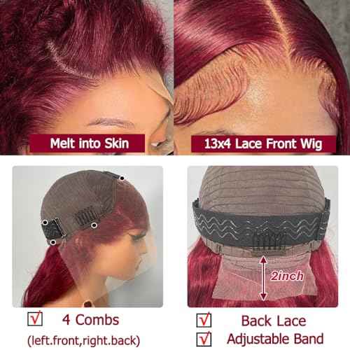 99J Burgundy Lace Front Wigs Human Hair 24 Inch 13x4 HD Wine Red Colored Body Wave Wig for Women 200% Density Transparent Glueless Wine Red Wigs Human Hair Pre Plucked with Baby Hair