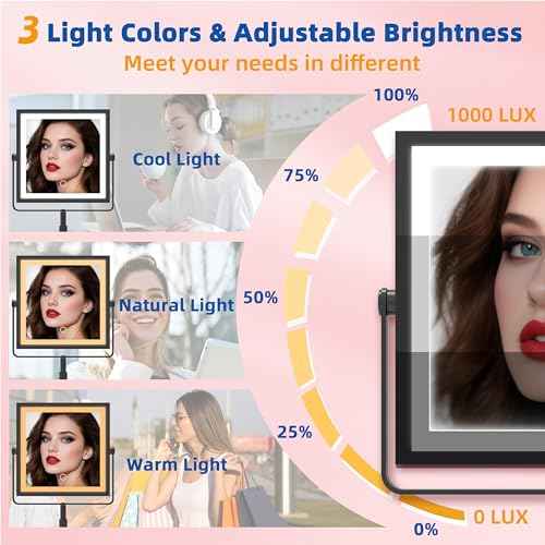 Ruacq Vanity Mirror with Lights, Height & Brightness Adjustable, Rechargeable 4000mAh Lighted Makeup Mirror with Magnification 1X/10X, 3 Color Lights & 360¡Æ Rotation (Matte Black-Table)