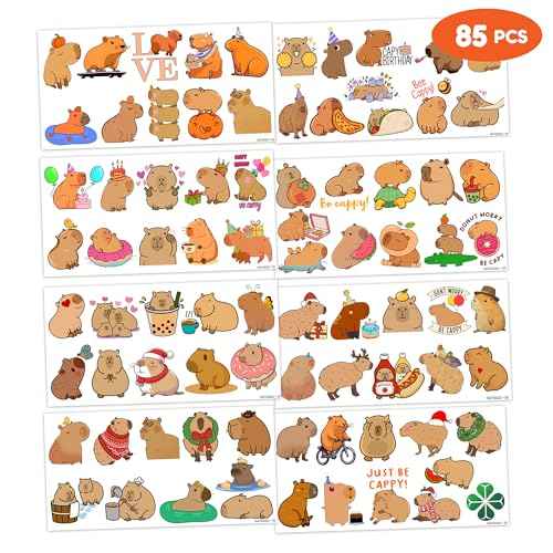 Capybara Mouse Temporary Tattoos 8 Sheets 85PCS Mouse Party Decorations Supplies Favors Animals Theme Birthday Cute Stickers Christmas Gifts for Boys Girls Class School Prizes Carnival