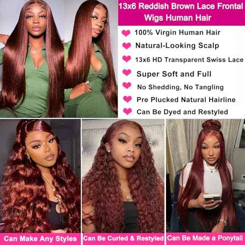 30 Inch 13x6 Reddish Brown Lace Front Wigs Human Hair Pre Plucked Straight Wigs Human Hair 13x6 Hd Lace Frontal Wigs 180% Density 33b Colored Auburn Wig Glueless Reddish Brown Wig for Women