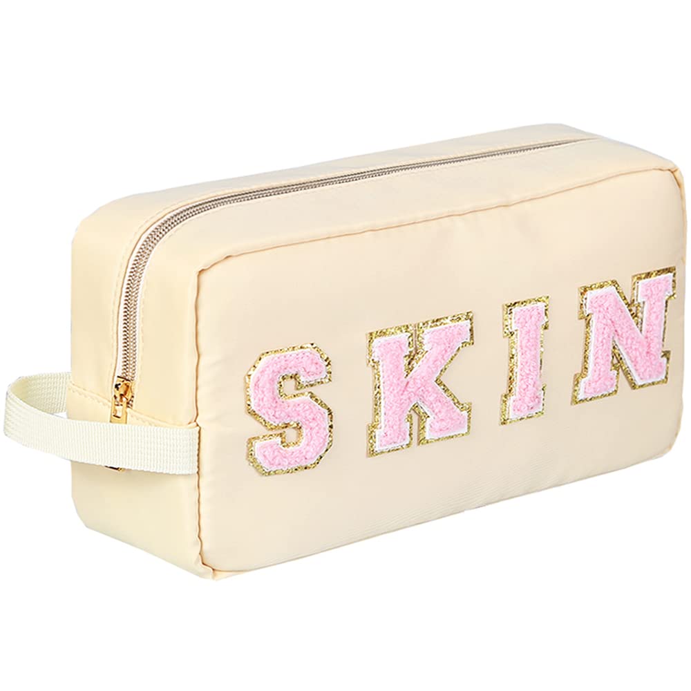 TBOLINE Large Preppy Patch Makeup Bag,Nylon SKIN Makeup Bag With Handle, Portable Chenille Letter Cosmetic Pouch Bag,Varsity Letter Toiletry Bag With Zipper for Women