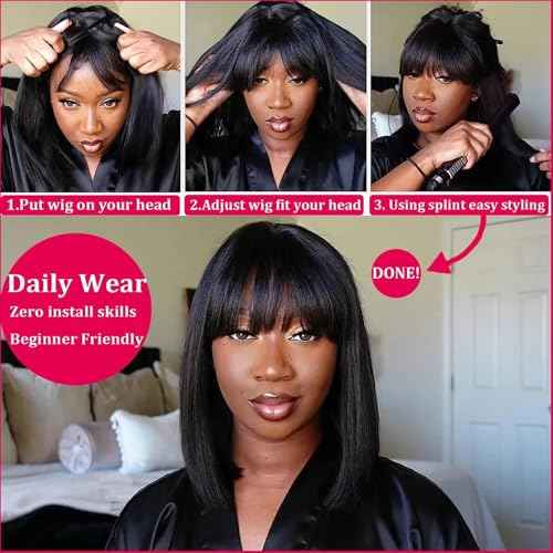 Short Bob Wig with Bangs for Black Women Human Hair Glueless Straight Layered 2x1 Transparent HD Lace Wigs Natural Black Color 16 Inch