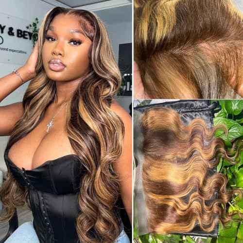 ALHER #F4/27 Honey Blonde Highlight 13x4 Lace Frontal Closure Human Hair Body Wave, Balayage Ombre Colored Ear to Ear 13 x 4 HD Transparent Lace Frontal Baby Hair£¨150% Density, 14 Inch)