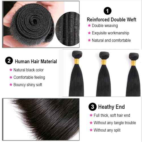 Straight Human Hair Bundles 100% Unprocessed 12A Brazilian Virgin Hair Straight Bundles Human Hair Double Weft 4 Bundles 20 22 24 26 Inch Straight Weave Natural Black