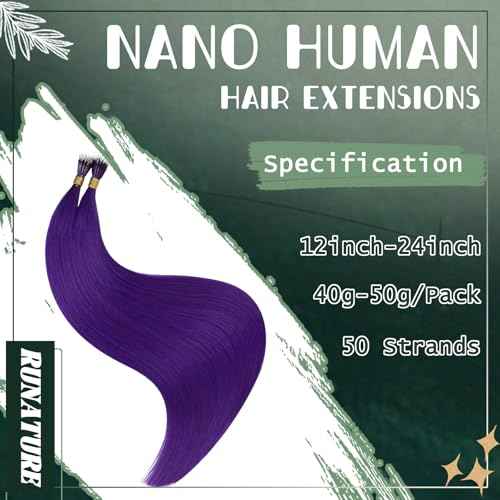 RUNATURE Nano Hair Extensions Real Human Hair Purple Nano Bead Hair Extensions 20 Inch Long Hair Cold Fusion Hair Extension No Glue Remy Natural Hair 50g 50s
