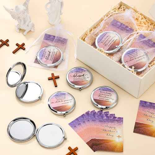 24 Sets Mother's Day Church Gifts Bulk Christian Compact Makeup Mirror Bible Verse Round Pocket Mirror with Gift Cards Organza Bags for Women