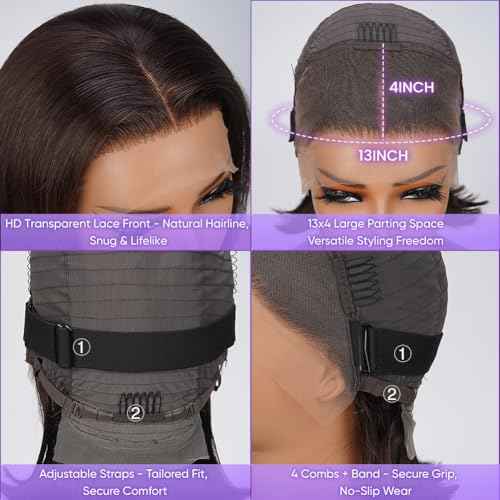 Dark Brown Bob Wig Human Hair 13X4 Lace Front Wigs Human hair 180% Density Short Straight Frontal Bob Wig Pre Plucked for Women HD Transparent Lace Frontal wigs With Baby Hair Dark Brown Color 16 Inch