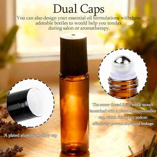PrettyCare Set of 12, 10 ml Amber Glass Roller Bottles for Essential Oil with Stainless Steel Roller Ball - Refillable Leak-proof Empty Roll on Bottles with Black Caps for Travel, Perfume, Lab