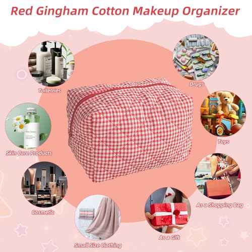 Handmade Makeup Bag, Skincare Cotton Organizer Zipped Pouch, 2 Pieces, Gingham Beauty Purse for Women Girls,Red