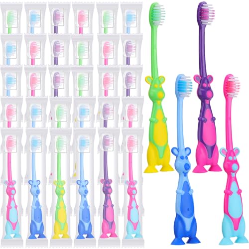 Gerrii Kids Toothbrushes Bulk Soft Lovely Little Kangaroo with Covers Suction Cup Individually Wrapped for Children Toddler Home School Camp Daycare Travel (50 Pcs)