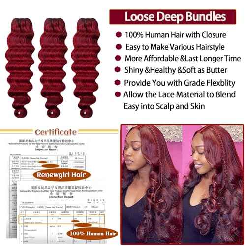 99j Burgundy Human Hair Bundles with Closure Loose Deep Wave 12 14 16+12inch 99j Burgundy Win Red Colored Human Hair with 4x4 HD Lace Closure,10A Brazilian Raw Quick Loose Wave Bundles