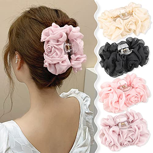 AIPAO 4 Pack Hair Claw Clips for girls Large Chiffon Flower Fashion Hair Clips for Women