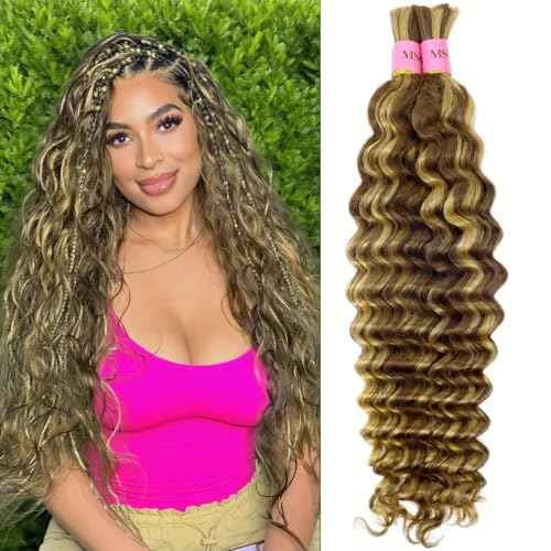 4/27# Human Braiding Hair for Boho Braids 100g Color 4/27# Bulk Deep Wave Human Hair for Braiding Ombre Blonde Brown Highlight 100% Brazilian Human Hair 20inch for Boho Braids 12A