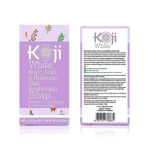 Koji White Kojic Acid & Hyaluronic Acid Skin Brightening Soap for Hydrating, Face Moisturizer, Skin Radiant, Cleansing Bar, Reduces the Appearance of Wrinkles with Vitamin E, Vegan, 2.82 Oz (2 Bars)