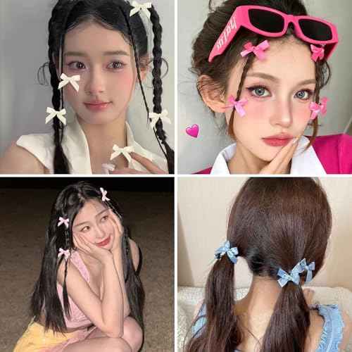 50Pcs Mini Hair Bows Clips for Women Girls Black Blue Hair Ribbon Clips Small Bowknot Barrettes White Pink Satin Cute Bow Hair Clip Metal Y2k Hair Accessories for Braids Teens Toddlers