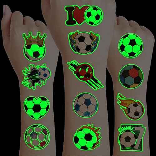 96 PCS Soccer Ball Glow In The Dark Pre-Cut Temporary Tattoos Sticker Football, Sports Themed Birthday Party Decorations Supplies Favors Europa, World Cup Cute Tattoo School Reward Game (Luminous)