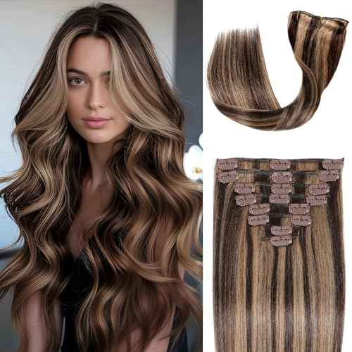 Clip in Hair Extensions Real Human Hair, 24 inch 120g, Balayage Invisible Remy Human hair Clip in Extensions for Women Seamless Straight 8Pcs Double Weft Dark Brown to Chestnut Brown