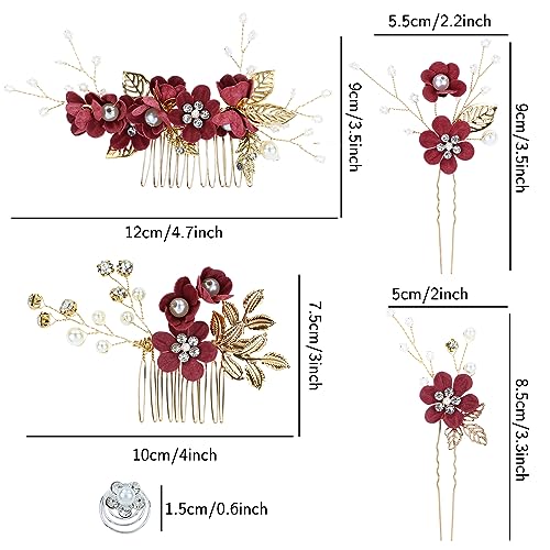 Cinaci 18 Pieces Bridal Wedding Party Prom Pearl Rhinestone Burgundy Flower Hair Side Combs Slides+U-shaped Flower Hair Pins+Twist Spiral Hairpins Floral Headpieces for Brides Bridesmaids Women Girls