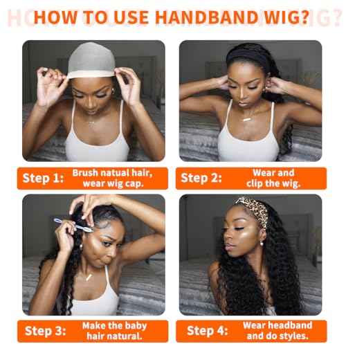 200 Density Headband Wig Human Hair Glueless Wigs Curly Wig Human Hair Deep Wave Wig for Black Women 16 Inch Wear And Go Beginner Friendly Natural Black Brazilian Virgin Hair