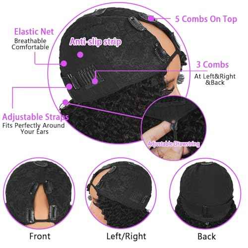 V Part Wigs Human Hair Burmese Curly Glueless Wig Human Hair 200% Density Wet And Wavy Water Wave V Part Wig With Drawstring And Spiral End Beginner Friendly Blend Curly Natural Black