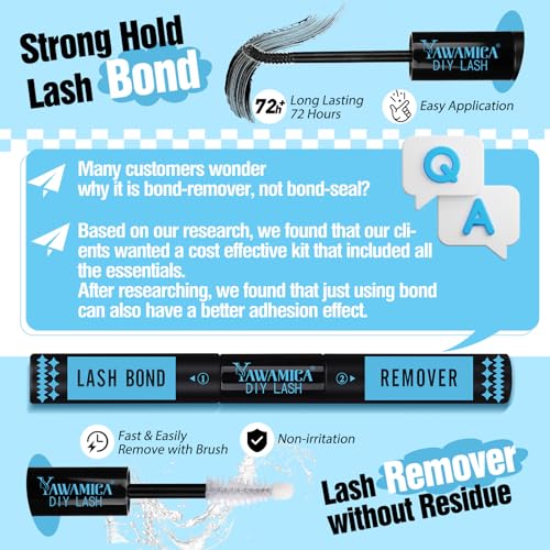 Yawamica Lash Clusters Kit 200D Fluffier Volume Cluster Eyelash Extensions Kit 10-20mm DIY Lash Extension Kit with Lash bond and Lash Remover and Lash Applicator for DIY Lash (200D-10-20MM Kit)