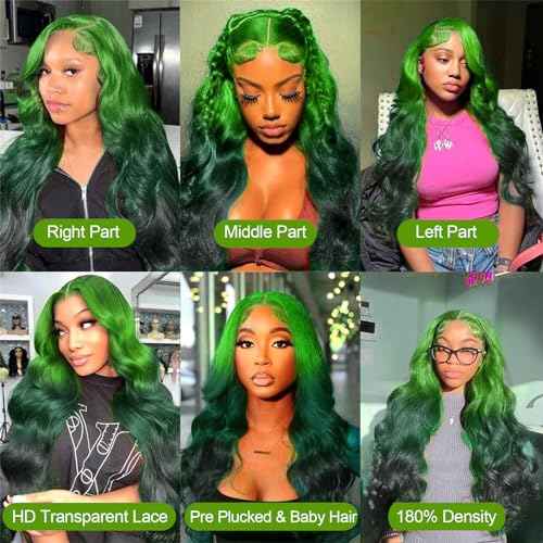 Green Ombre Lace Front Wig Human Hair Body Wave 13x4 HD Glueless Lace Front Wigs 3 Tone Light Green to Dark Green Colored for Fashion Women 180% Density 24 Inch