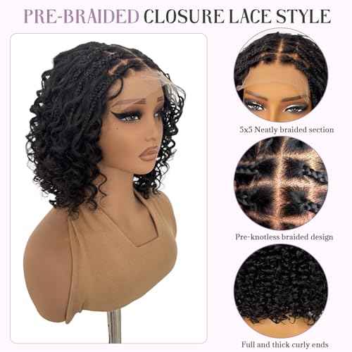 Smavida Short Deep Curly Bob Boho Braid Human Hair Wigs 10 Inch 180% Density Glueless 5X5 HD Lace Closure Box Braid Wigs Pre Plucked with Baby Hair Nature Black Curly Knotless Braided Wig for Women