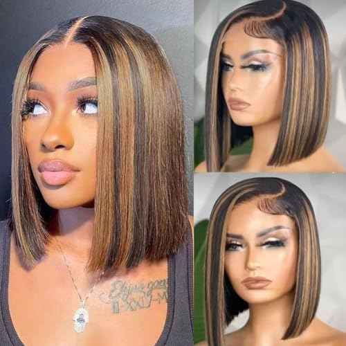 Stylish Highlight Bob Wig 1b30 Human Hair 13x4 Frontal Lace Preplucked Colored Bob Wigs Transparent Lace Short Style Bobbing Wig (13X4 1b30 BOB, 16 INCH)