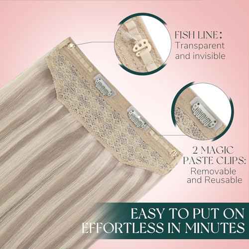 Easyouth Wire Hair Extensions Blonde Highlight Hair Extensions Wire Human Hair Ash Blonde Highlighted Blond Fish Line Hair Extension Long Straight Hair 20 Inch 100g Invisible Headband Hair Extension