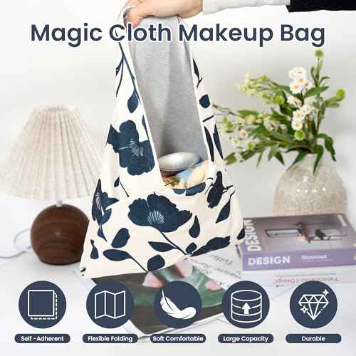 Self-Adhesive Magic Cloth Portable lazy Makeup Bag Cosmetic Pouch Widely Used for Camera Lens Wrap,Protective Cover Laptop Sleeve,Folding,Washable(21.7" X 21.7"Flower)