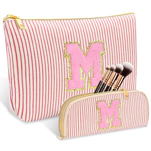 2 PCS Initial Makeup Bag, Personalized Travel Cosmetic Bag/11 12 13 14 15 16 Years Old Girl Gifts, Preppy Stuff Birthday Gifts for Women Friends, Skincare Bag, Teen Girl Gift Trendy Stuff, Red M