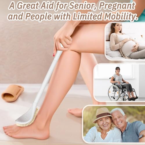New Foot Brush with Adjustable Long Handle, 3-in-1 Foot Scrubber for Wet or Dry Brushing, 10.2¡¯¡¯- 27.5¡¯¡¯ Foot Scrub Brush for Senior, Pregnant, Disabled, or Injured, Gift-Box Packed(White)