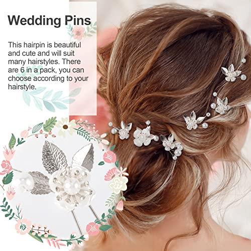 ANCIRS 6 Pack Pearl Bridal Wedding Hair Styling Pins, Vintage Leaves Style Bride Head Piece, U Shape Rhinestone Flower Classic Hair Accessories for Women & Girls Wedding Bridesmaids Hairstyles- Silver