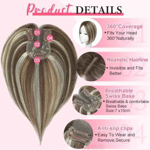 Hair Toppers for Women Real Human Hair Topper for Women with No Bangs Hairpieces Comfortable and Breathable 10 Inch Swiss Base 3D 360¡ÆCover Glue-free (Medium Brown with Ash Blond Highlights)