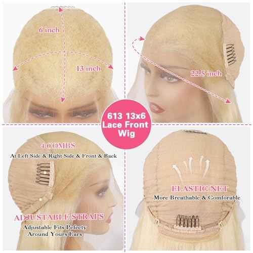 24 Inch 613 13x6 Lace Front Wig Human Hair 200 Density Blonde Wig Human Hair 613 Straight Lace Front Wig Human Hair Pre Plucked 613 HD Transparent Lace Frontal Wig 13x6 Wigs for Women