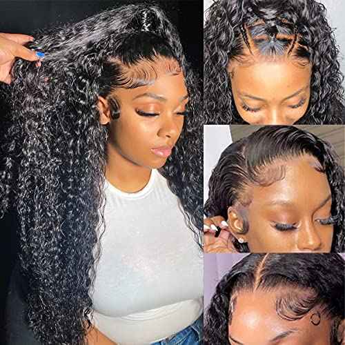28 Inch Lace Front Human Hair Wig, Deep Wave, 180% Density, Glueless, Natural, Curly, Black, Medium Cap Size, Full Coverage, Clips/Combs Attachment